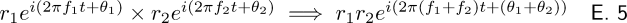\begin{matrix} r_{1}e^{i(2 \pi f_{1} t + \theta_{1})} \times r_{2}e^{i(2 \pi f_{2} t + \theta_{2})} \implies r_{1}r_{2}e^{i(2 \pi (f_{1} + f_{2}) t + (\theta_{1} + \theta_{2}))} & \textsf{E. 5} \end{matrix}