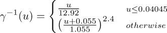 \gamma^{-1}(u) = \begin{cases}     \frac{u}{12.92} & \scriptstyle{u \leq 0.04045} \\     \left(\tfrac{u + 0.055}{1.055}\right)^{2.4} & \scriptstyle{otherwise} \end{cases}