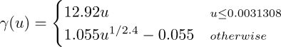 \gamma(u) = \begin{cases}     12.92 u & \scriptstyle{u \leq 0.0031308} \\     1.055 u^{1/2.4} - 0.055 & \scriptstyle{otherwise}   \end{cases}