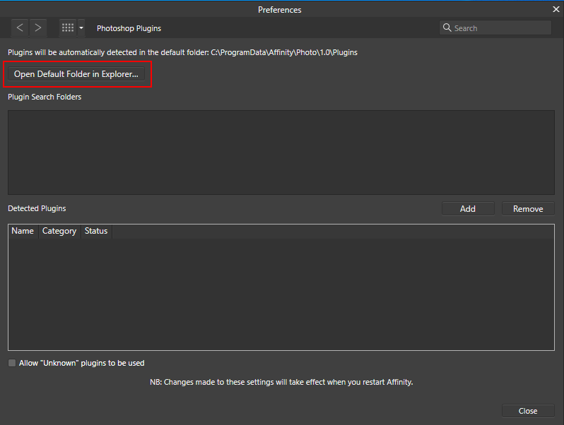 Open default plug-in folder button Open default plug-in folder button